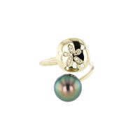 Sand Dollar & Pearl Ring, Diamonds, Yellow Gold, Ring, Tahitian Pearl, Hinerava, perles de tahiti