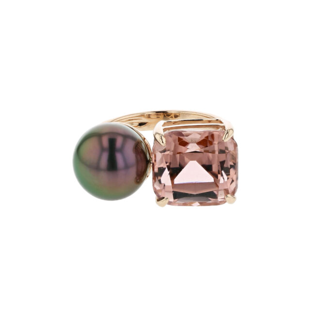 Ring, Tahitian pearls, cushion cut tourmaline, peach, Hinerava, jewelry, privilege, collection
