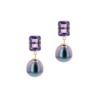 Yellow Gold Amethyst Tahitian Pearl Earrings Or Jaune Ametyste perle de tahiti