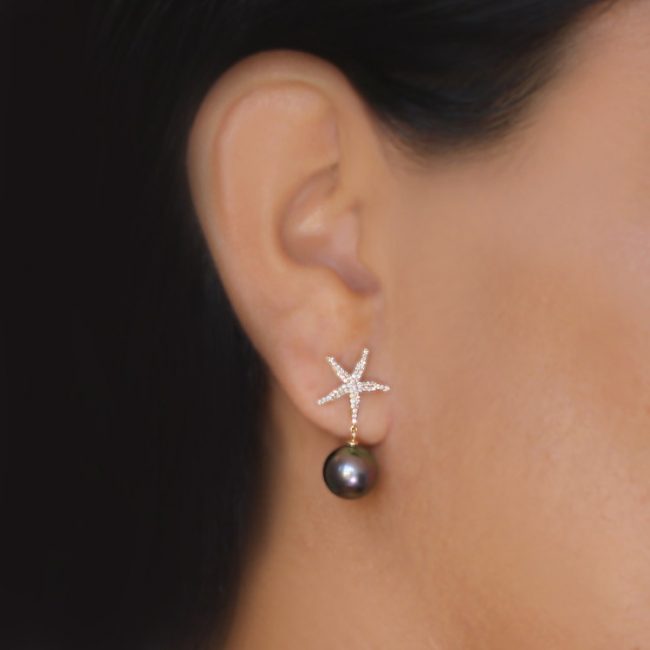 Tahitian Pearl Jewelry, Tahitan Pearls, Tahiti, Luxury Pearl Jewelry, Pearl Ring, Pearl Bracelet, Pearl Earrings, Pearl Necklace, Pearl Diamond , Long Hammered Hook White Gold, yellow gold,, Starfish & Diamond Pearl Yellow Gold Earrings