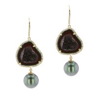 Maroon Geode Pearl and Diamond Earrings, Geode Pearl and Diamond Earrings , Gem Tahitian Pearl Gold Jewelry Necklace Colliers de Perles de Tahiti or bijoux