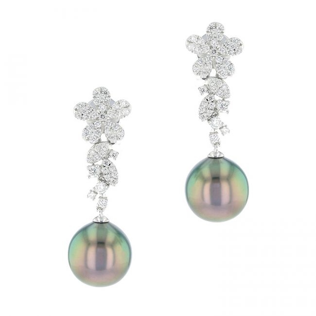 Flower Diamond & Pearl Earrings, diamond and Tahitian Pearl, white gold, earrings, bijoux or