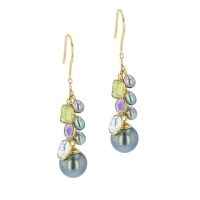 Multi Gem & Keshi Charm Earrings, Sapphires, Gems, Yellow Gold, Earrings, Tahitian Pearl, Hinerava, perles de tahiti
