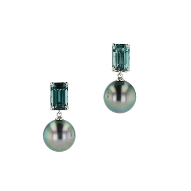 Earrings, Tahitian pearls, emerald cut tourmaline, blue-green, Hinerava, jewelry, privilege, collection