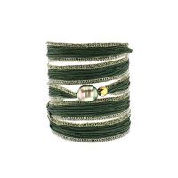 Tahitian Pearl Jewelry bracelet de Perles de Tahiti bijoux soie silk choker, Emerald Green Silk Pearl Bracelet