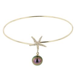 Starfish & Pearl Yellow Gold Bangle, Tahitian Pearl Bracelet Tahitian Pearl Jewelry