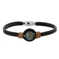 One Carved Pearl Black & Brown Leather Bracelet, Tahitian Pearl Jewelry, Tahitan Pearls, Tahiti, Luxury Pearl Jewelry, Pearl Ring, Pearl Bracelet, Pearl Earrings, Pearl Necklace, Pearl Diamond , His Hinerava collection, Man jewelry, Tahitian pearls for men, One Pearl Black Leather Bracelet