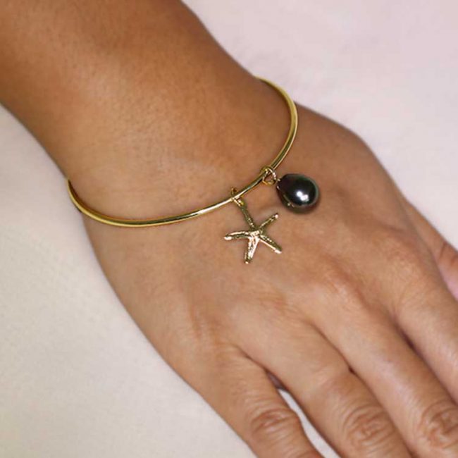 Starfish Charm & Pearl Bangle, Tahitian Pearl, Vermeil, Starfish, Charms, Hinerava, perles de tahiti