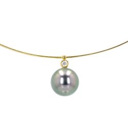 Hinerava, Pearl jewelry, Tahitian Pearl, Pearl Pendant,, Bezel Diamond Solitaire & Pearl Yellow Gold Collar