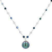 White and Blue Sapphires Single Pearl Necklace, Tahitian Pearl Jewelry Necklace Colliers de Perles de Tahiti or bijoux