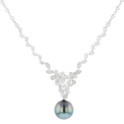 Flower Diamond & Pearl Necklace, diamond and Tahitian Pearl, white gold, necklace, bijoux or