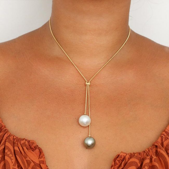 Toi & Moi Adjustable Lariat, Gold Tahitian Pearl Jewelry, Tahitan Pearls, Tahiti, Luxury Pearl Jewelry, Pearl Ring, Pearl Bracelet, Pearl Earrings, Pearl Necklace, Yellow Gold