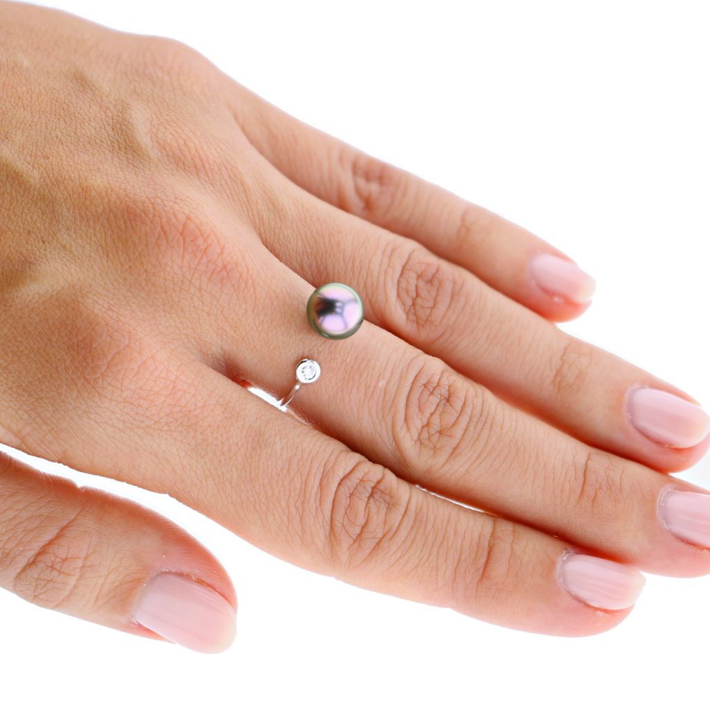 Bezel Diamond Solitaire & Pearl White Gold Ring Hinerava Jewelry