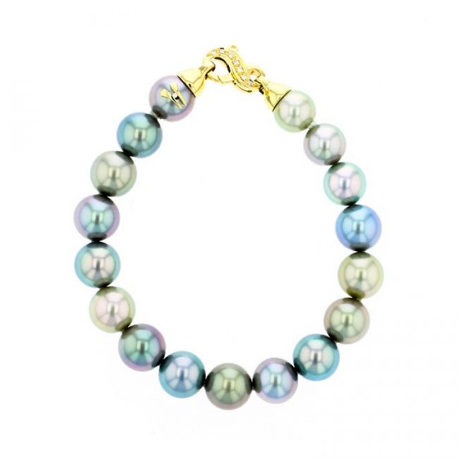 Multicolor Pearl Yellow Gold Bracelet, Diamonds Tahitian Pearl Gold Jewelry bracelet de Perles de Tahiti or bijoux,