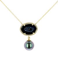 Black Geode Pearl and Diamond Yellow Gold Necklace , Geode Pearl and Diamond Earrings, Geode Pearl and Diamond Earrings , Gem Tahitian Pearl Gold Jewelry Necklace Colliers de Perles de Tahiti or bijoux