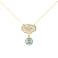 White Geode Pearl and Diamond Necklace, Geode Pearl and Diamond Earrings, Geode Pearl and Diamond Earrings , Gem Tahitian Pearl Gold Jewelry Necklace Colliers de Perles de Tahiti or bijoux